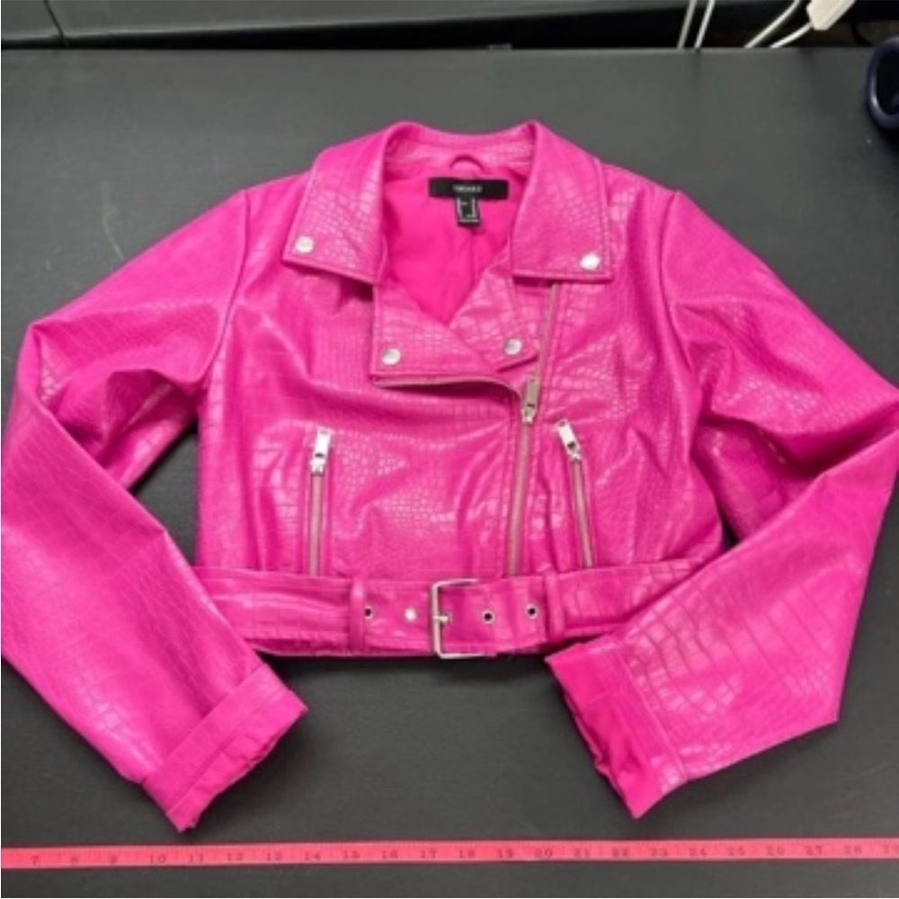 Forever 21 Hot Pink Faux-Leather Cropped Moto Jacket